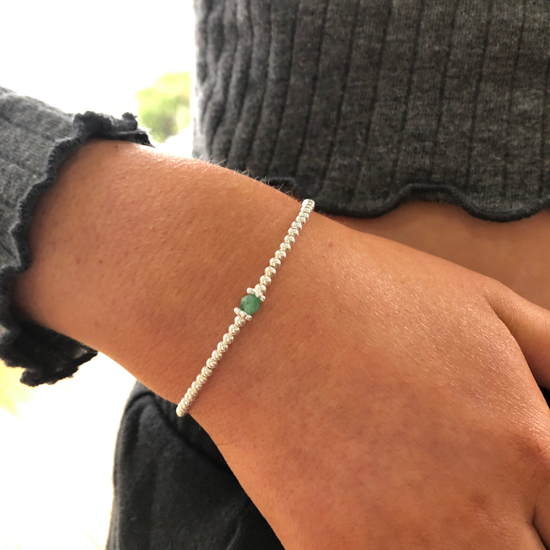 Emerald sterling silver adjustable beaded bracelet | May birthstone