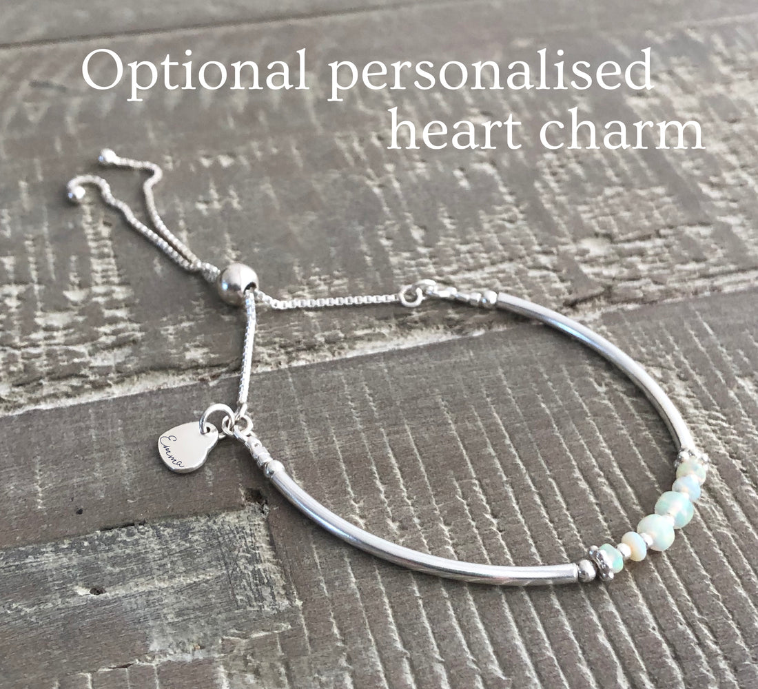 Ethiopian Opal sterling silver adjustable beaded noodle bracelet | October birthstone