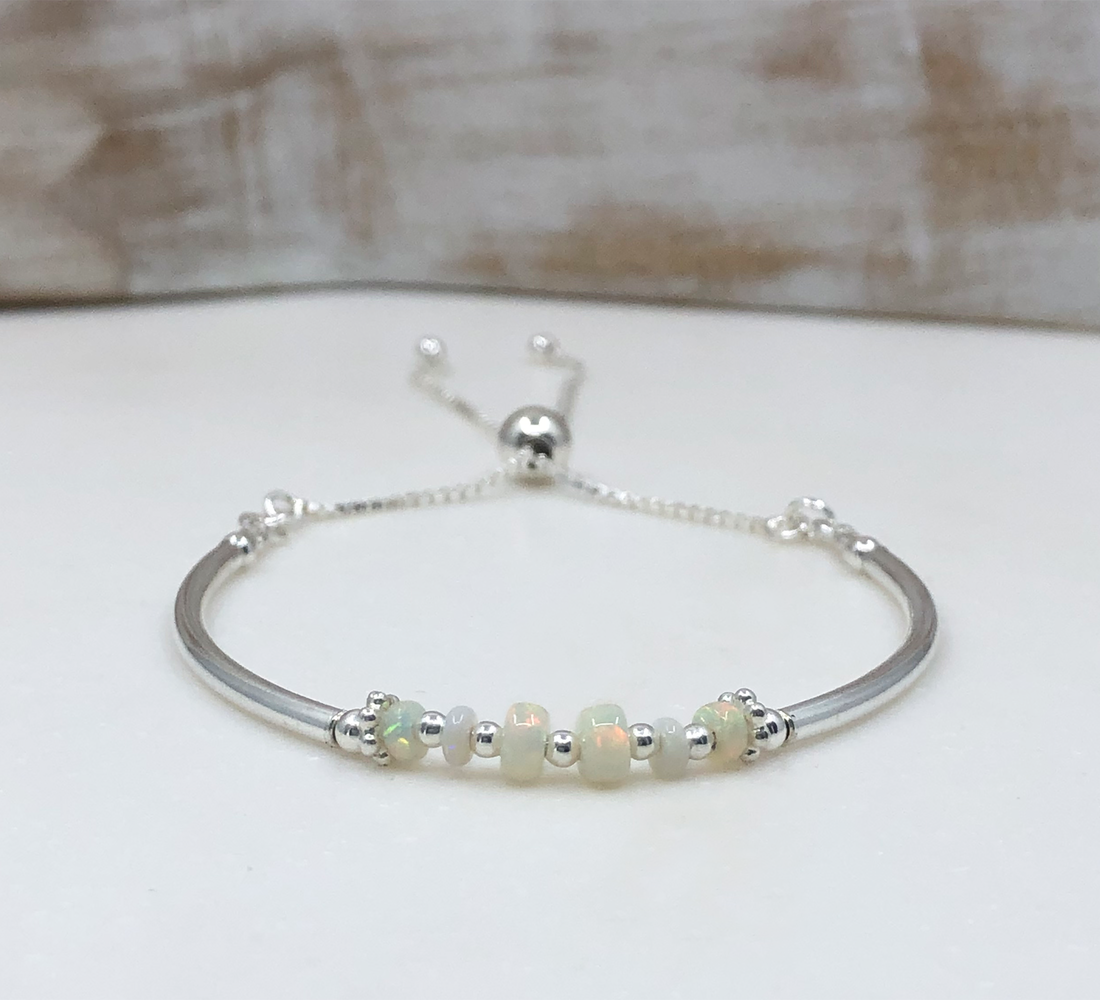 Ethiopian Opal sterling silver adjustable beaded noodle bracelet | October birthstone
