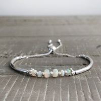Ethiopian Opal sterling silver adjustable beaded noodle bracelet | October birthstone