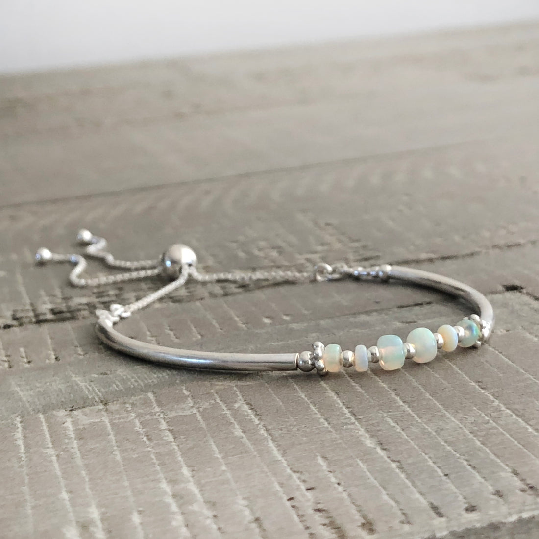 Ethiopian Opal sterling silver adjustable beaded noodle bracelet | October birthstone