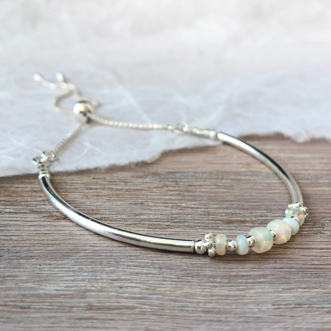 Ethiopian Opal sterling silver adjustable beaded noodle bracelet | October birthstone