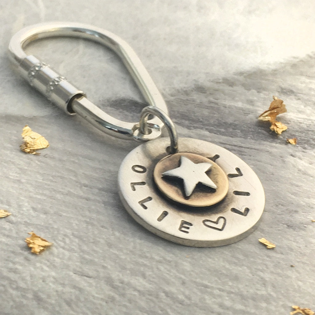 Personalised sterling silver key ring 9ct gold layer & silver star
