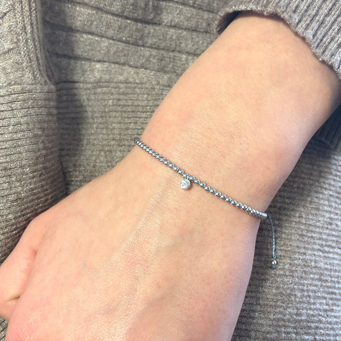 Diamond 14ct white gold beaded adjustable corded friendship bracelet