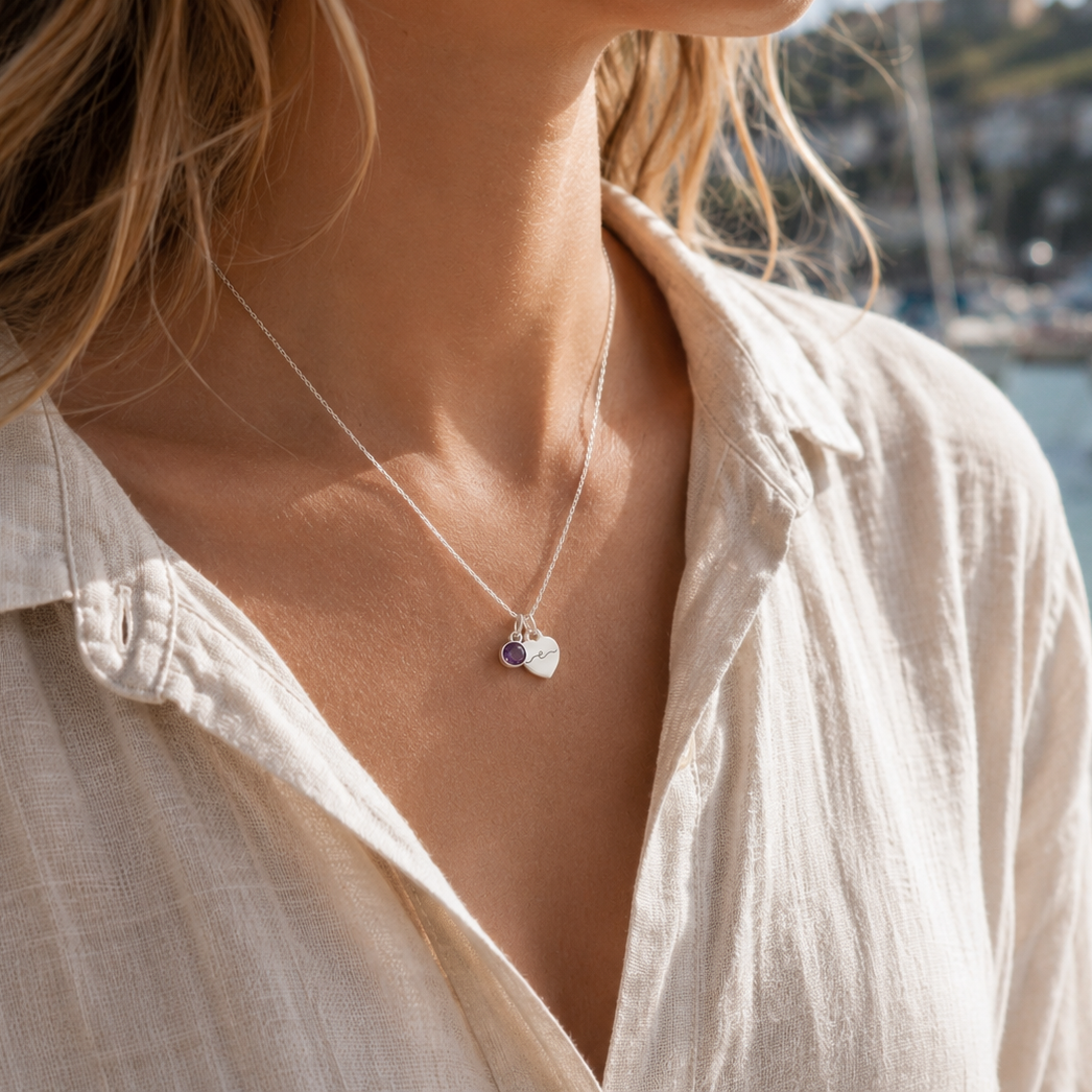 Sterling silver crystal birthstone initial heart charm necklace