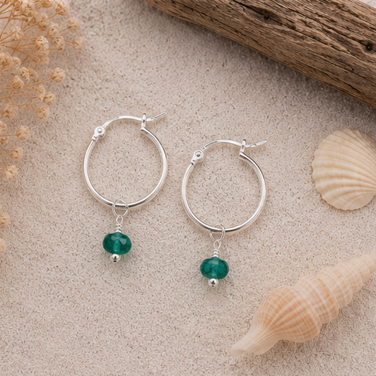 Sterling Silver Emerald Hoop Earrings | May Birthstone | Precious Gemstone