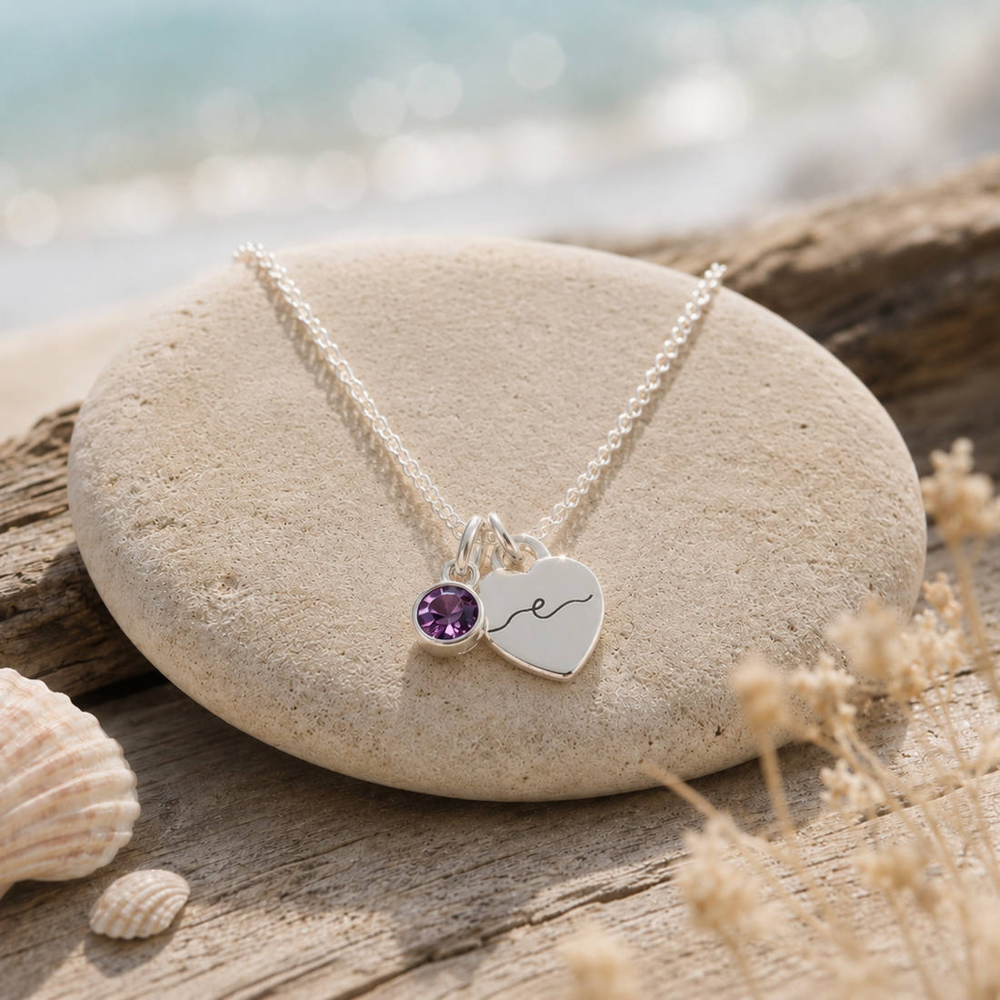 Sterling silver crystal birthstone initial heart charm necklace