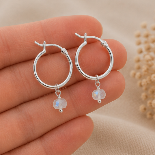 Sterling Silver Moonstone Gemstone Hoop Earrings | June Birthstone