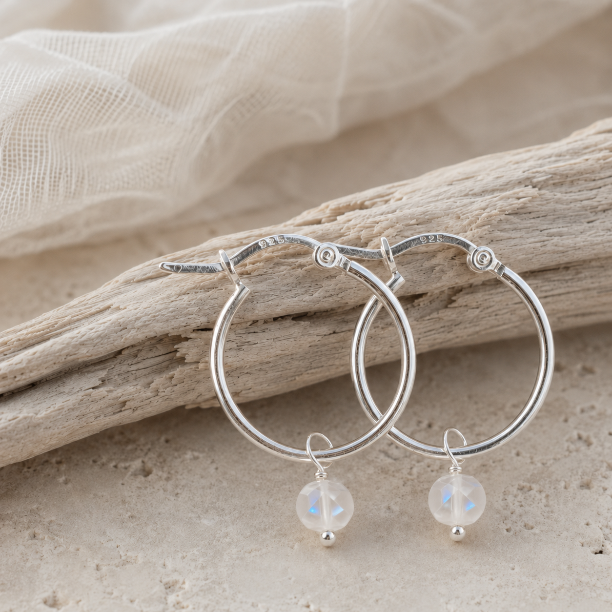 Sterling Silver Moonstone Gemstone Hoop Earrings | June Birthstone
