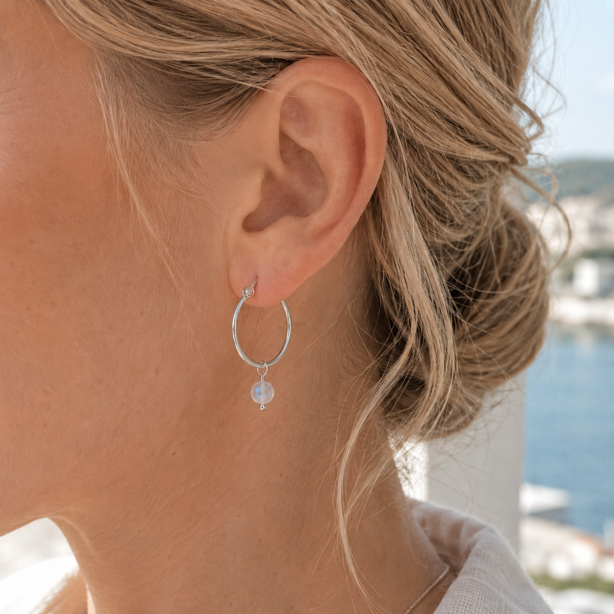 Sterling Silver Moonstone Gemstone Hoop Earrings | June Birthstone