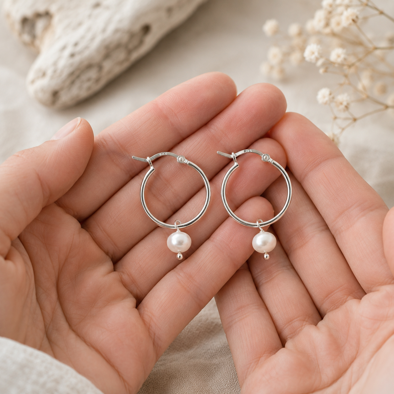 A pair of silver hoop earrings with a small white pearl dangle, held in a person's hands against a soft neutral background with dried flowers.