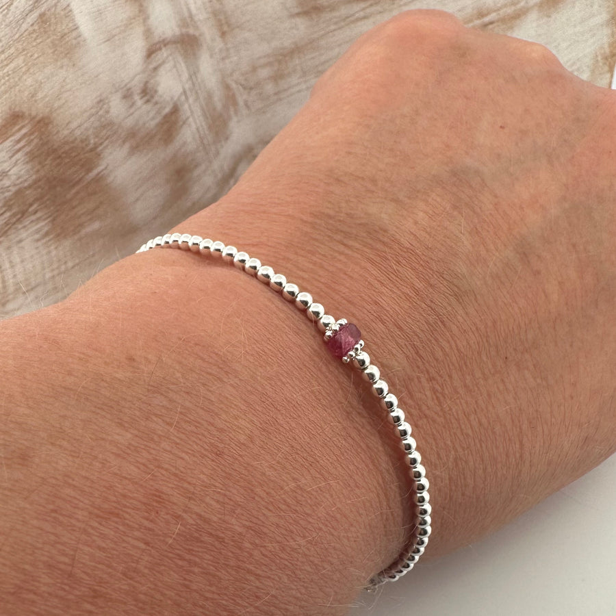 Dainty Pink Tourmaline sterling silver adjustable beaded bracelet | October birthstone