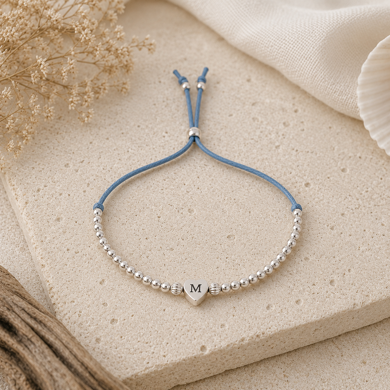 Personalised Sterling Silver Heart Beaded Friendship Bracelet