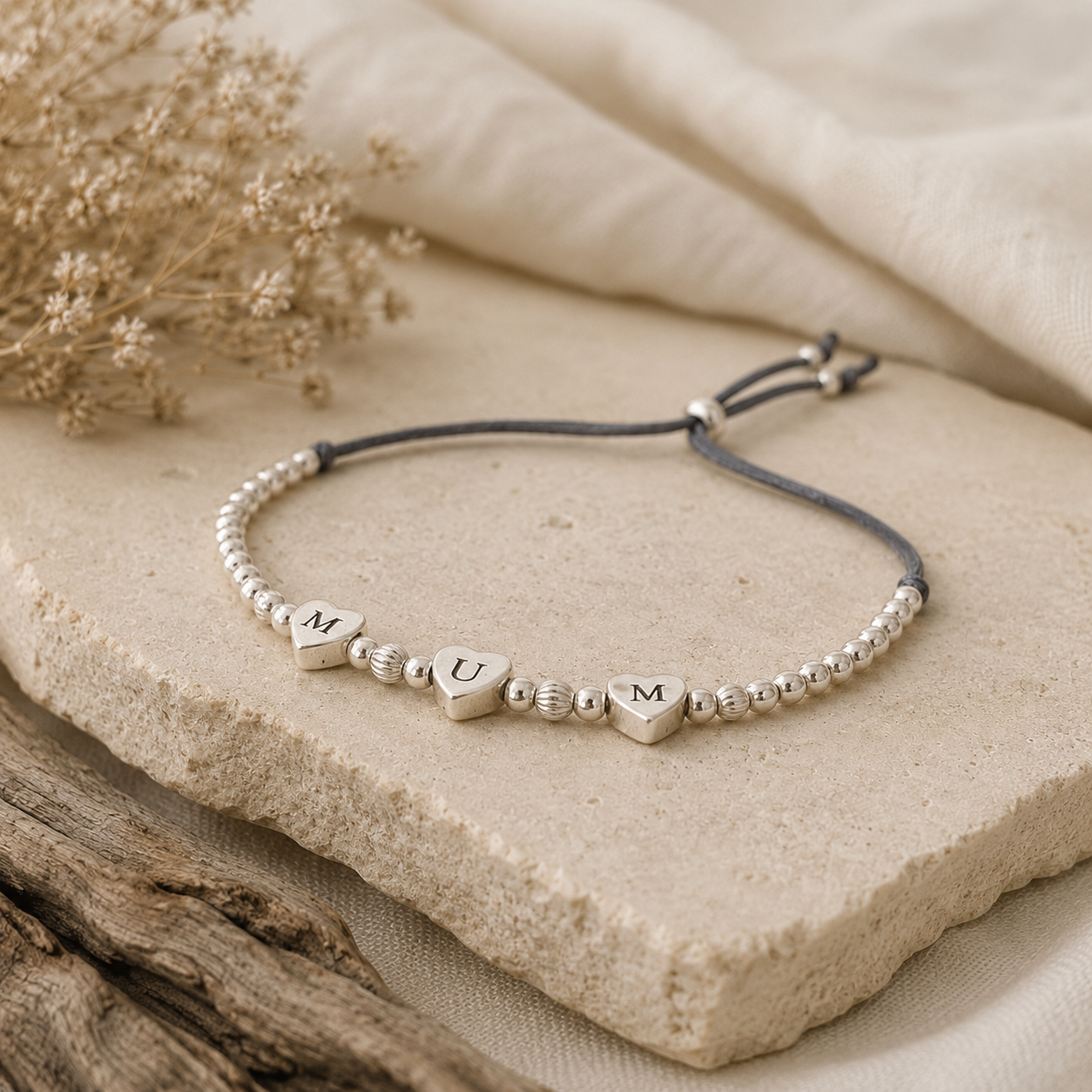 Personalised Sterling Silver Heart Beaded Friendship Bracelet
