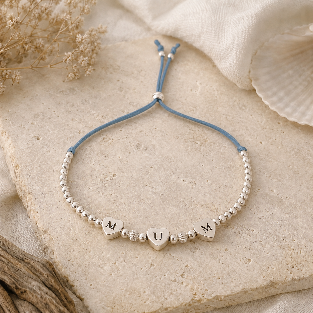 Personalised Sterling Silver Heart Beaded Friendship Bracelet