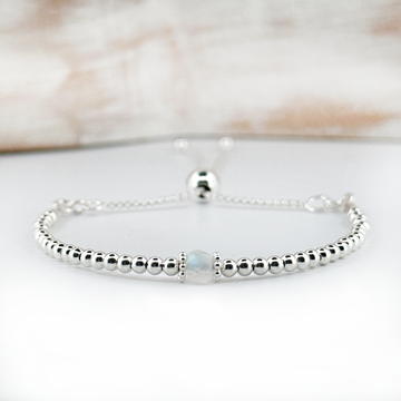 Moonstone sterling silver adjustable beaded bracelet | June birthstone