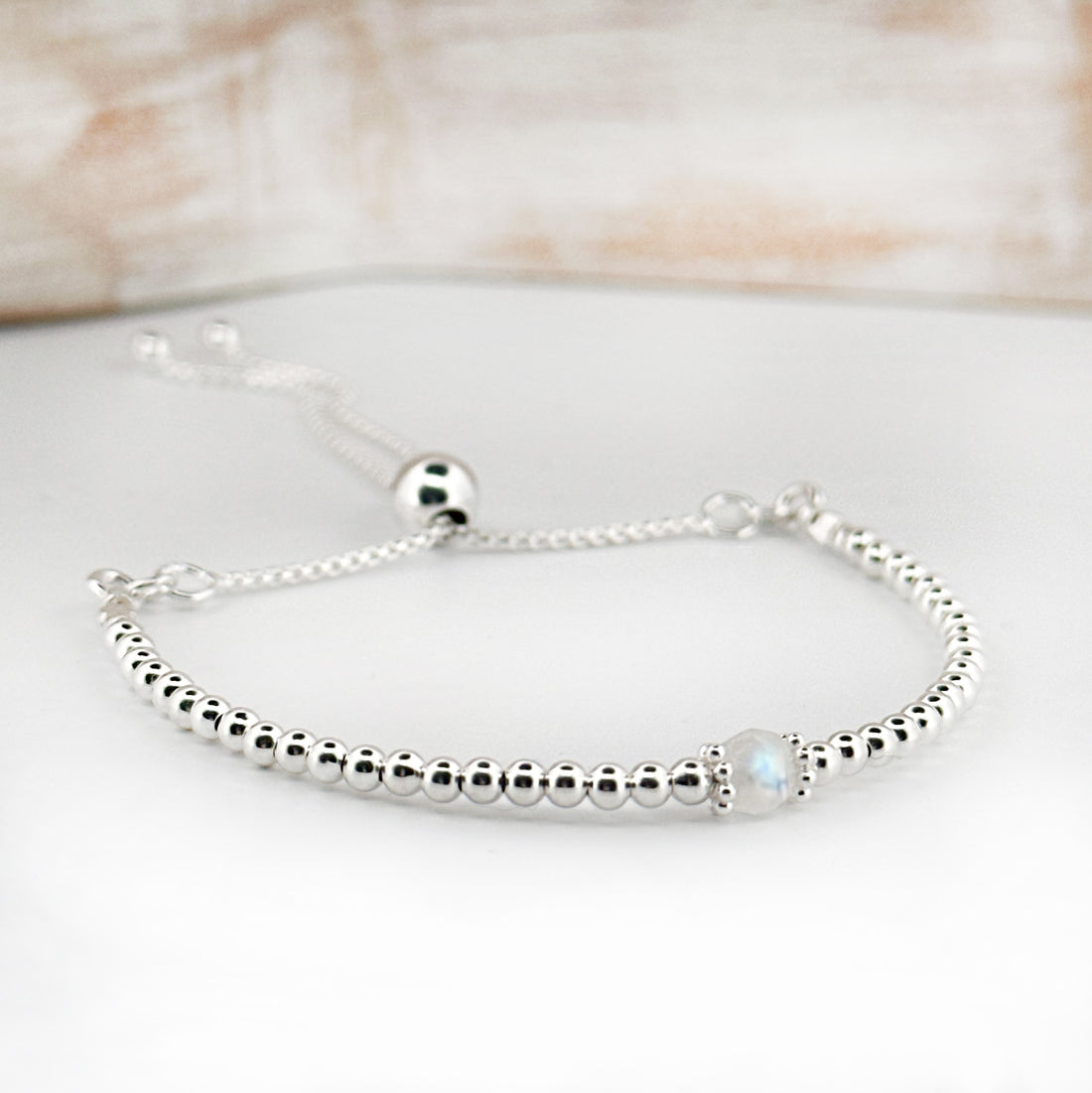 Moonstone sterling silver adjustable beaded bracelet | June birthstone