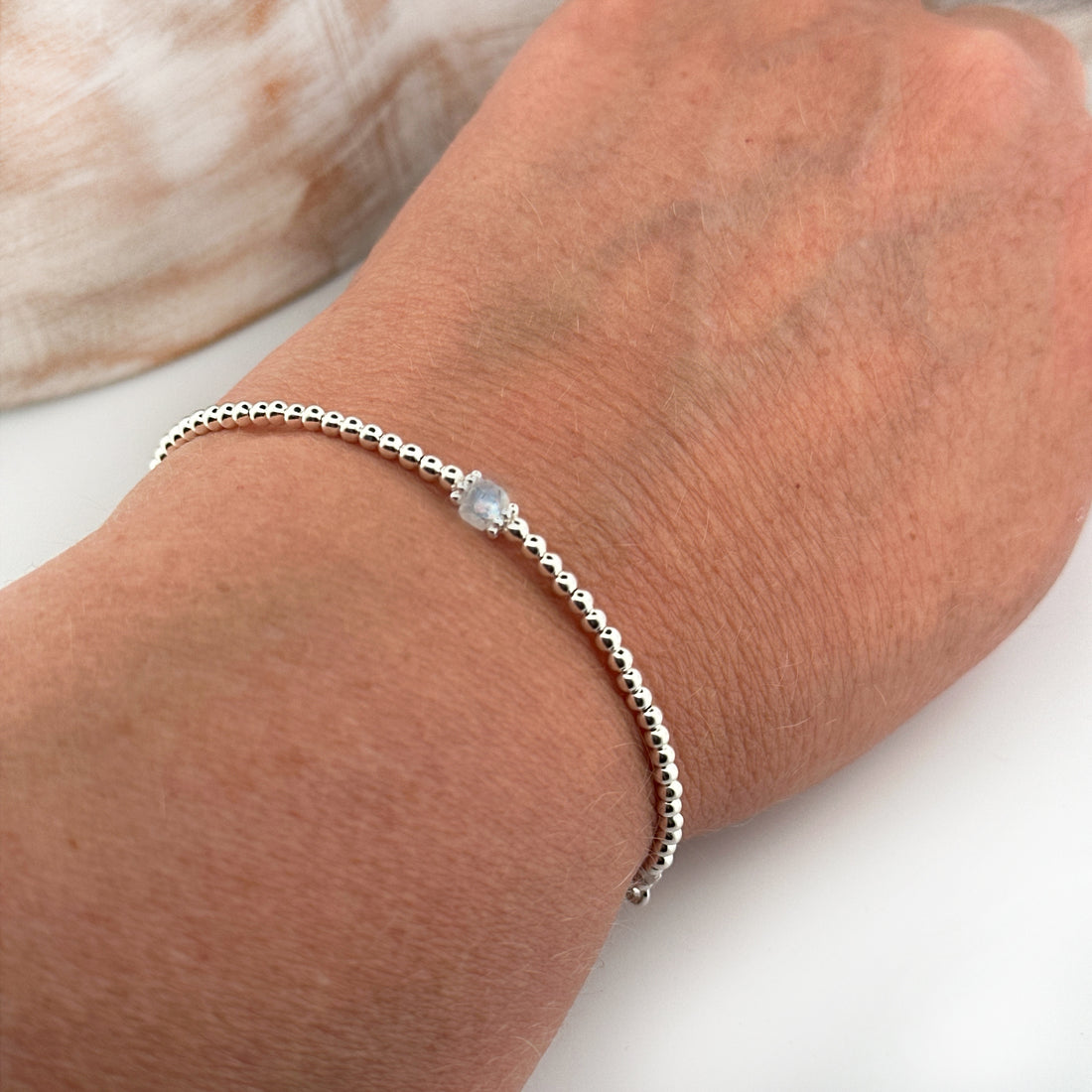 Moonstone sterling silver adjustable beaded bracelet | June birthstone