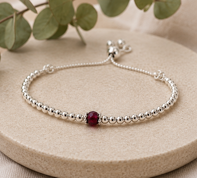 Ruby sterling silver adjustable beaded bracelet | July birthstone