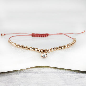 Diamond 14ct red rose gold beaded adjustable corded friendship bracelet