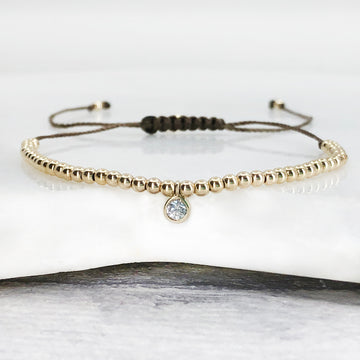 Diamond 14ct yellow gold beaded adjustable corded friendship bracelet
