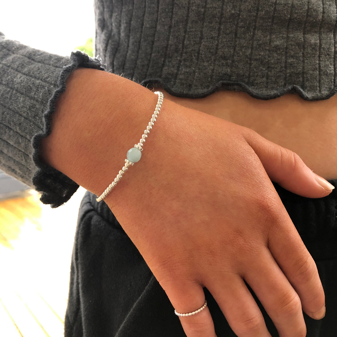 Sterling silver adjustable beaded aquamarine gemstone | March birthstone bracelet