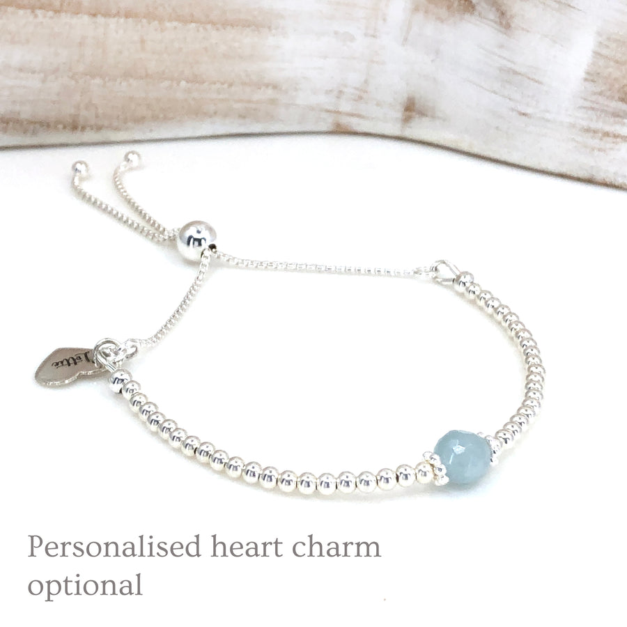Sterling silver adjustable beaded aquamarine gemstone | March birthstone bracelet