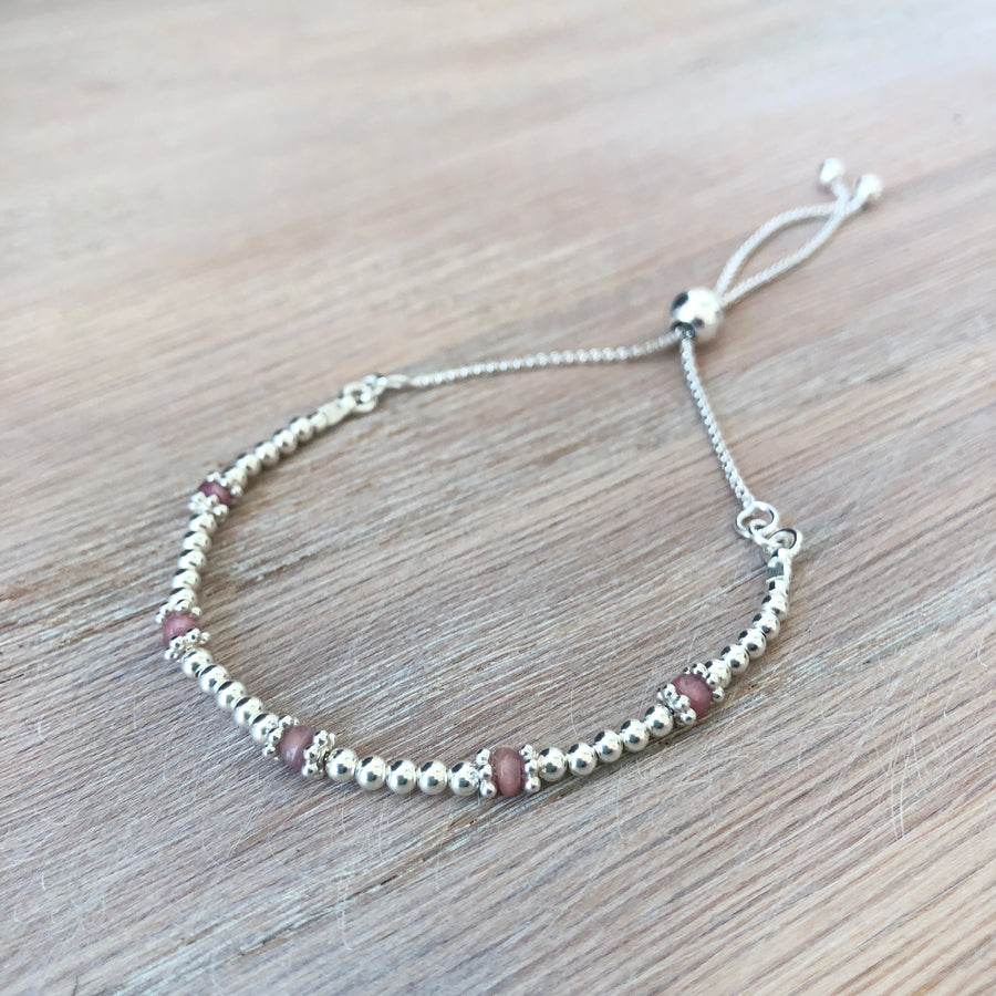 Pink Tourmaline sterling silver adjustable beaded bracelet | October birthstone