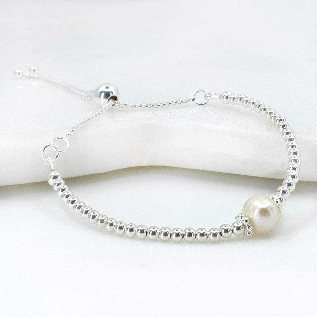 Pearl sterling silver adjustable beaded bracelet | June birthstone | wedding