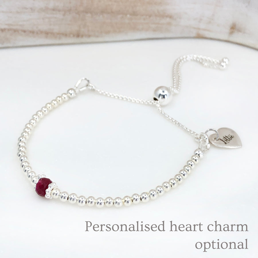 Ruby sterling silver adjustable beaded bracelet | July birthstone