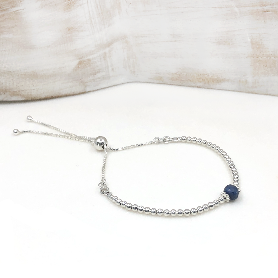 Sapphire sterling silver adjustable beaded bracelet | September birthstone