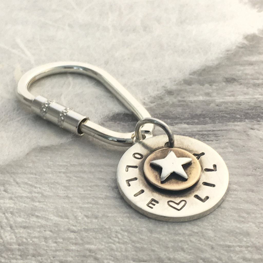 Personalised sterling silver key ring 9ct gold layer & silver star