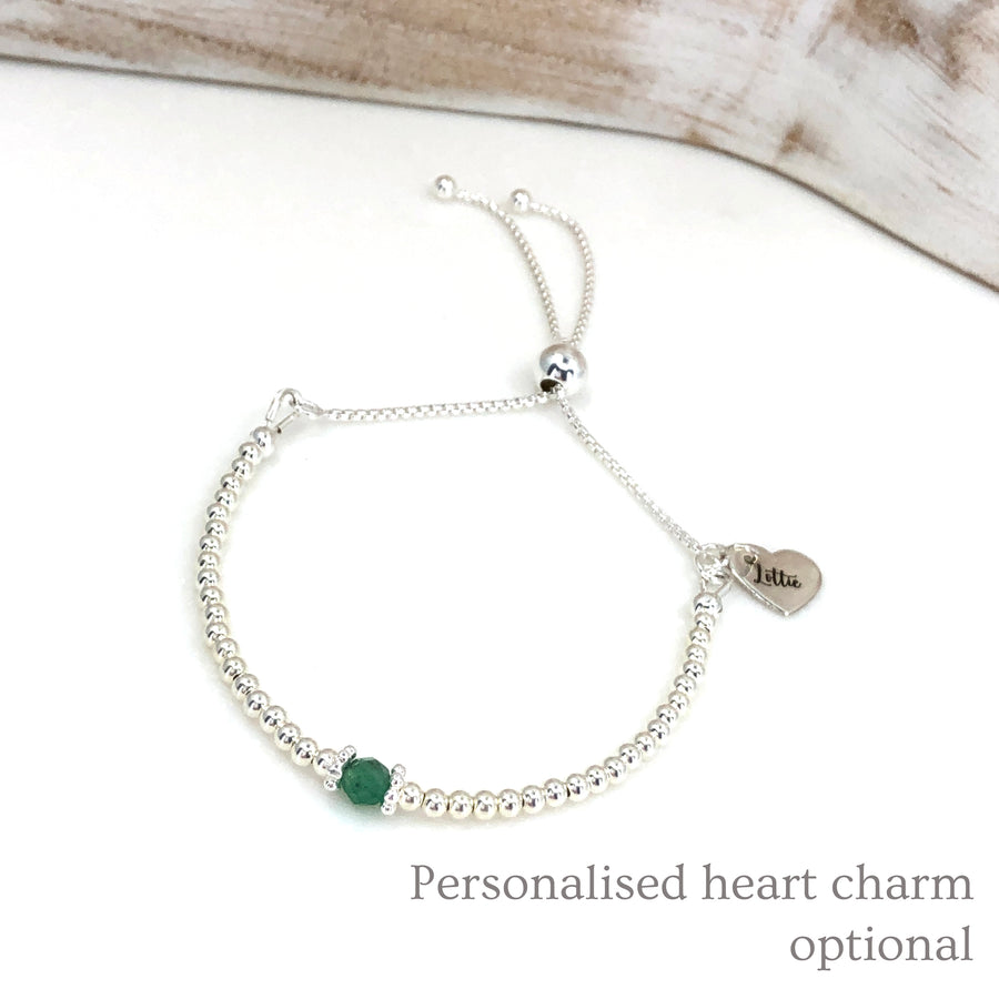 Emerald sterling silver adjustable beaded bracelet | May birthstone
