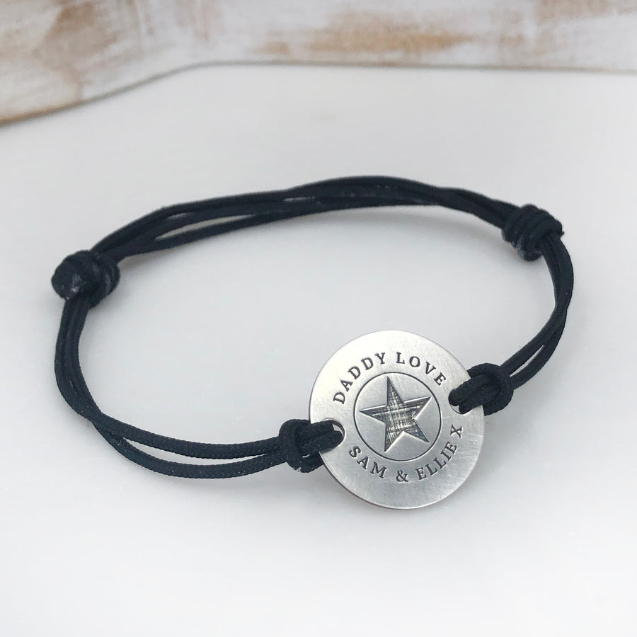 Mens personalised adjustable sterling silver star cord | rope bracelet