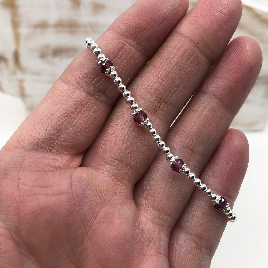 Sterling silver adjustable beaded Garnets semi precious gemstone | January birthstone bracelet