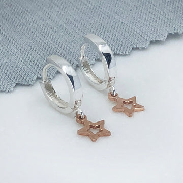 Rose gold plated sterling silver huggie star earrings in a personalised keepsake box